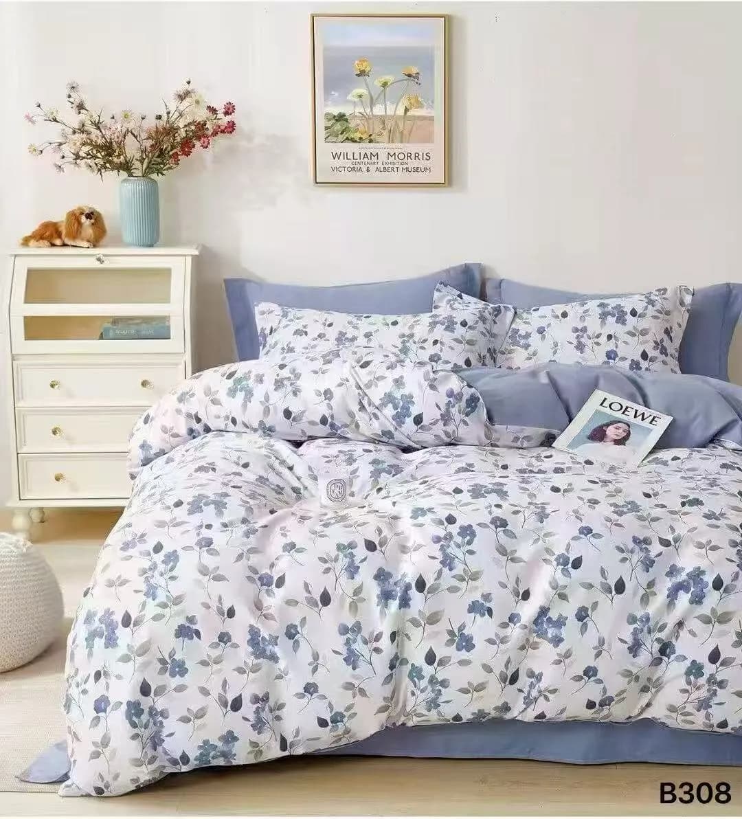 Pościel Bawełniana 3cz 200x220cm Biała w Niebieskie Kwiaty B308