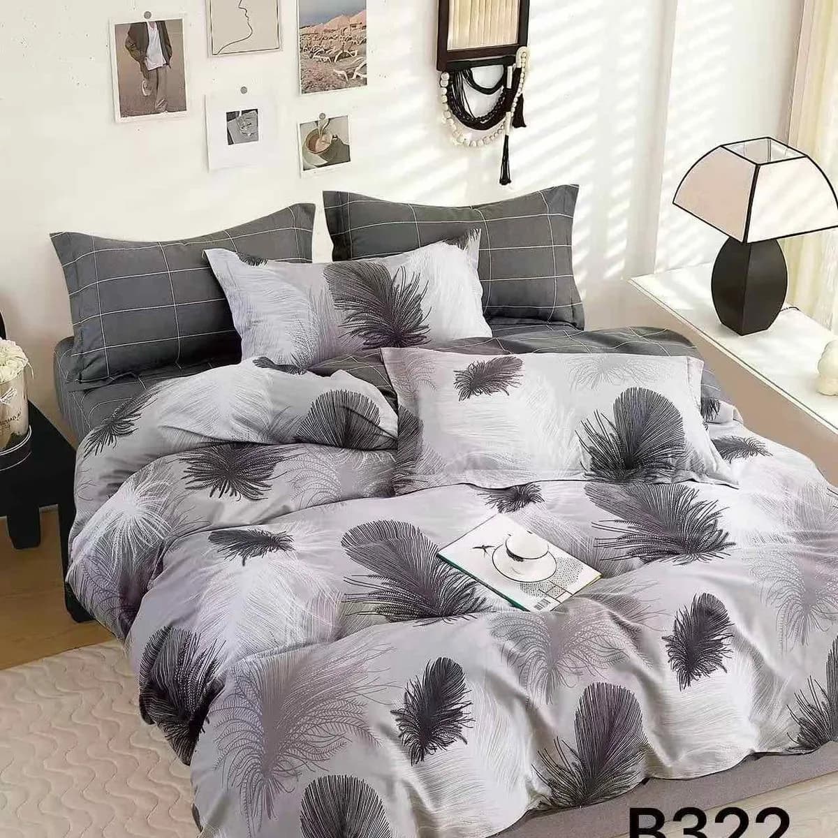 Pościel bawełniana 3cz 160x200cm szara wzór pióra B322