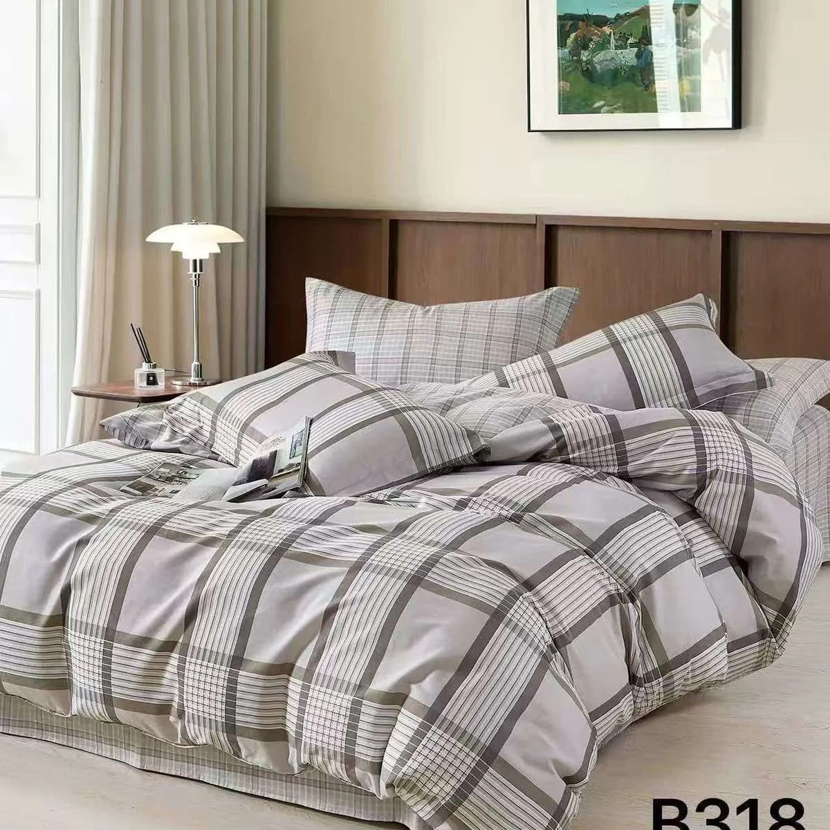 Pościel bawełniana 3cz 200x220cm, kratka szaro-beżowa B318