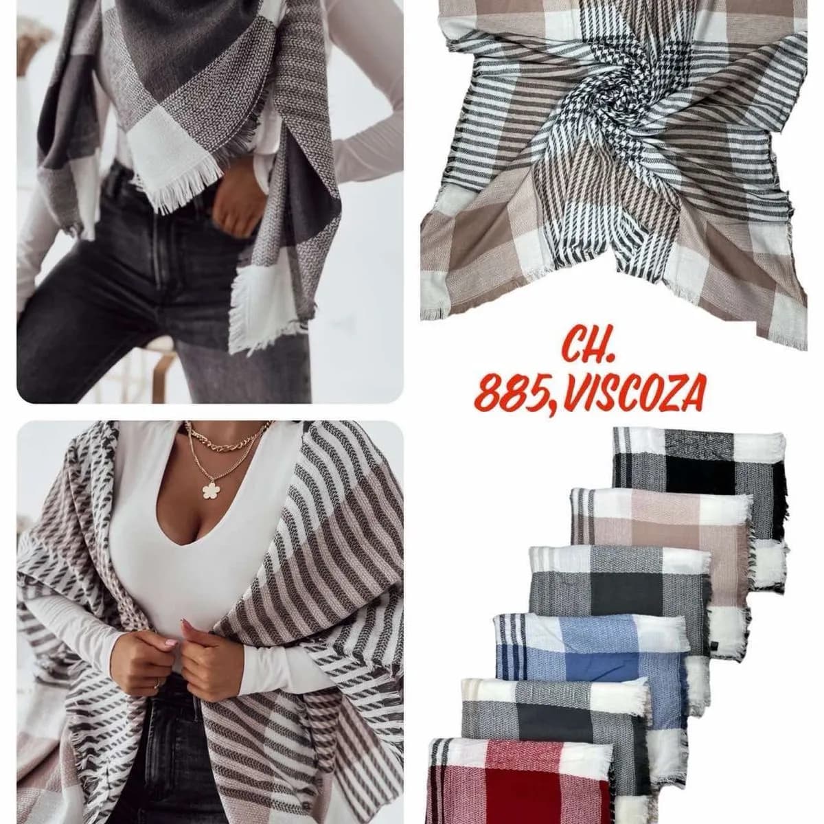 Szaliki damskie wiskozowe w kratę CH. 885 - 12 szt.