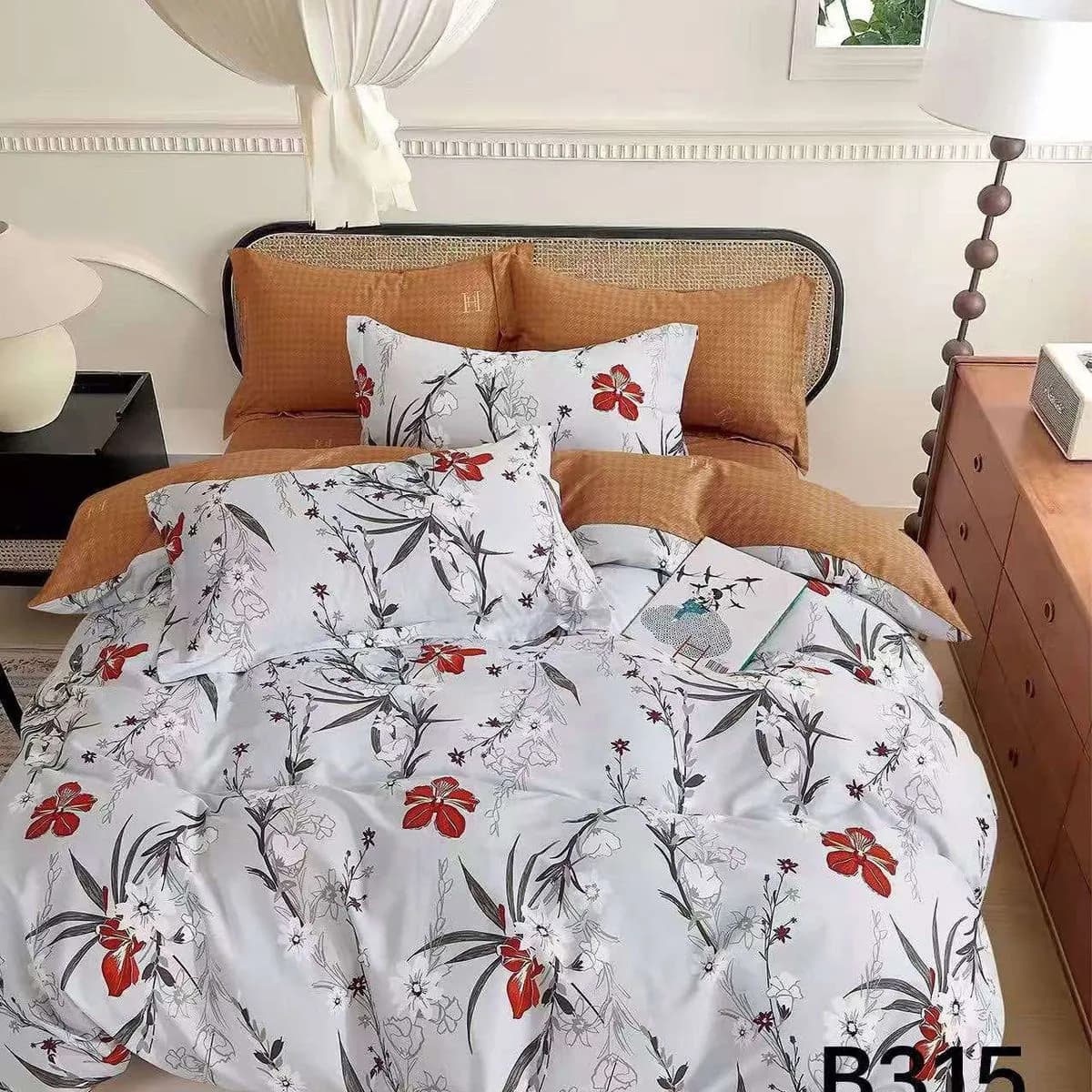 Pościel Bawełniana 3cz 160x200cm Biała w Czerwone Kwiaty B315