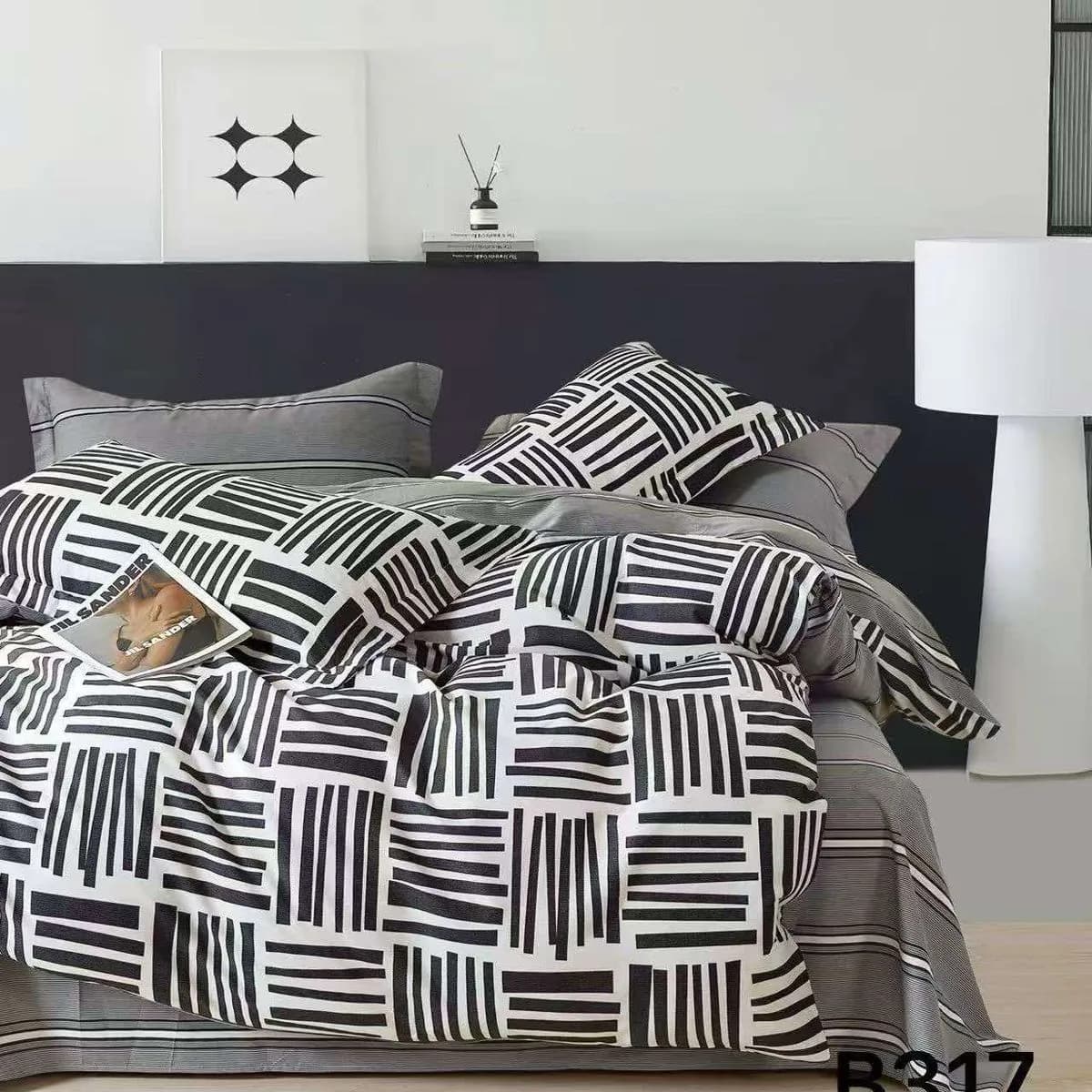 Pościel bawełniana 3cz 200x220cm czarno-biały wzór geometryczny