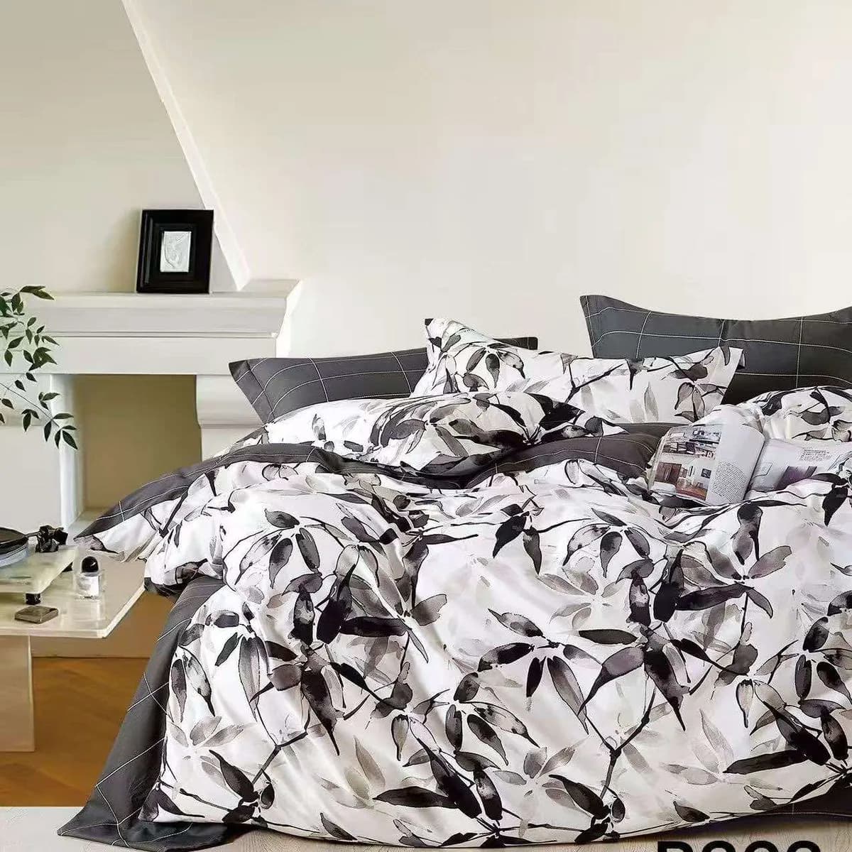 Pościel bawełniana 3cz 200x220cm wzór liście szaro-biała