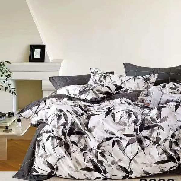 Pościel bawełniana 3cz 200x220cm wzór liście szaro-biała