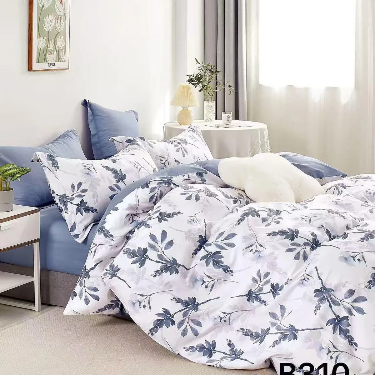 Pościel bawełniana 3cz 160x200cm wzór szare liście B310