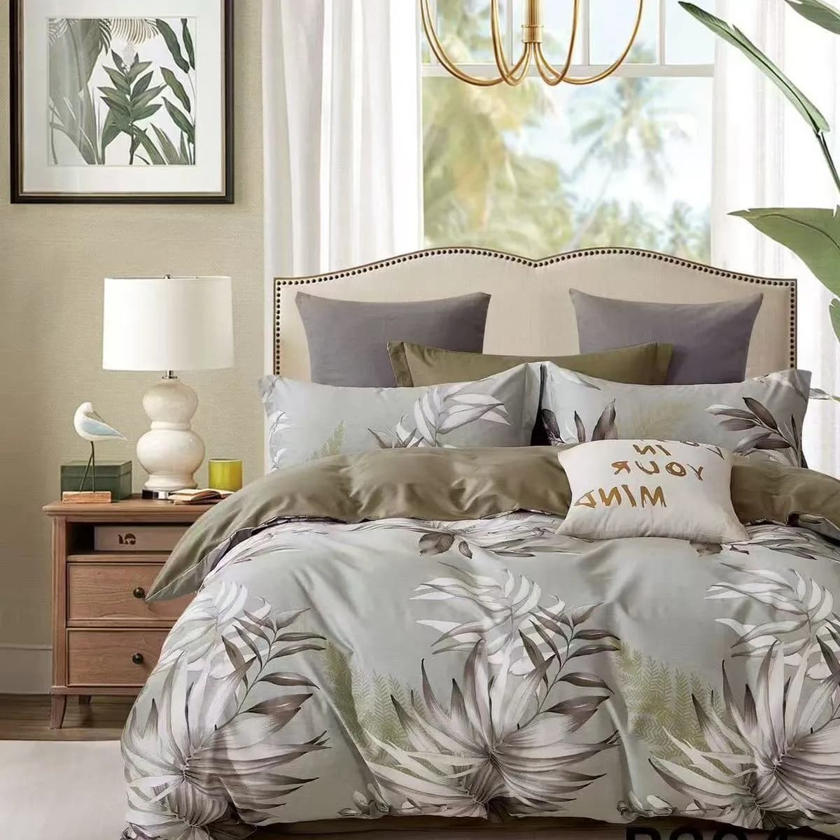 Pościel bawełniana 3cz 200x220cm wzór liście szaro-oliwkowa B304
