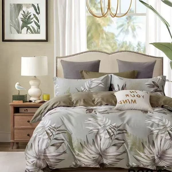 Pościel bawełniana 3cz 200x220cm wzór liście szaro-oliwkowa B304