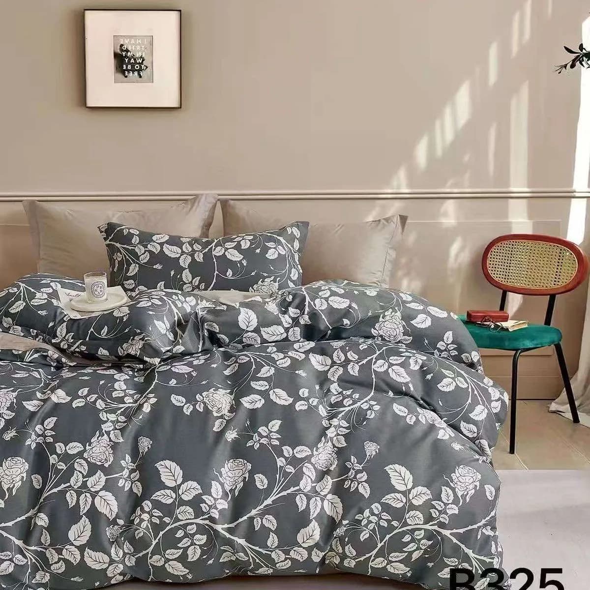 Pościel bawełniana 3cz 160x200cm szara w białe róże