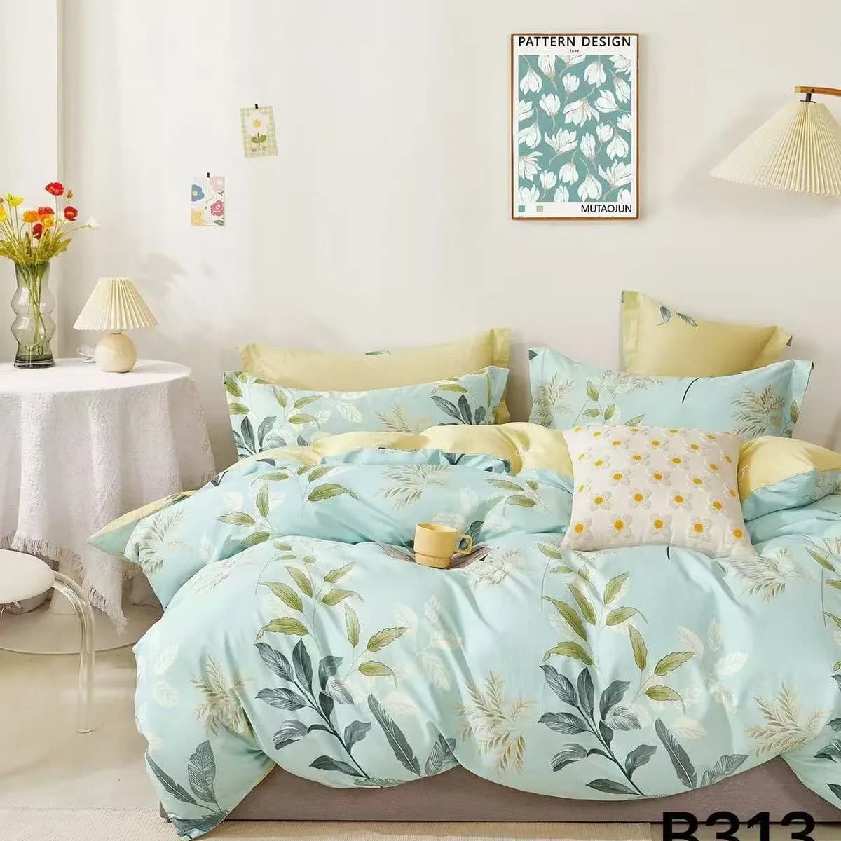 Pościel bawełniana 3cz 160x200cm miętowa w liście botaniczne