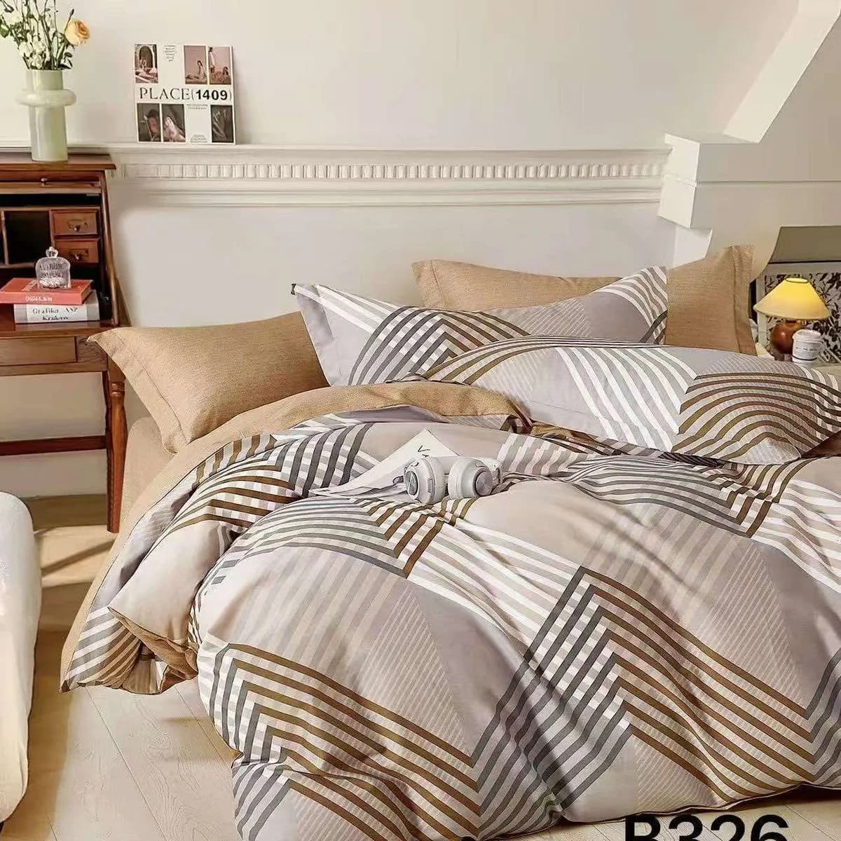 Pościel Bawełniana 3cz 200x220cm Wzór Geometryczny Beżowo-Brązowa