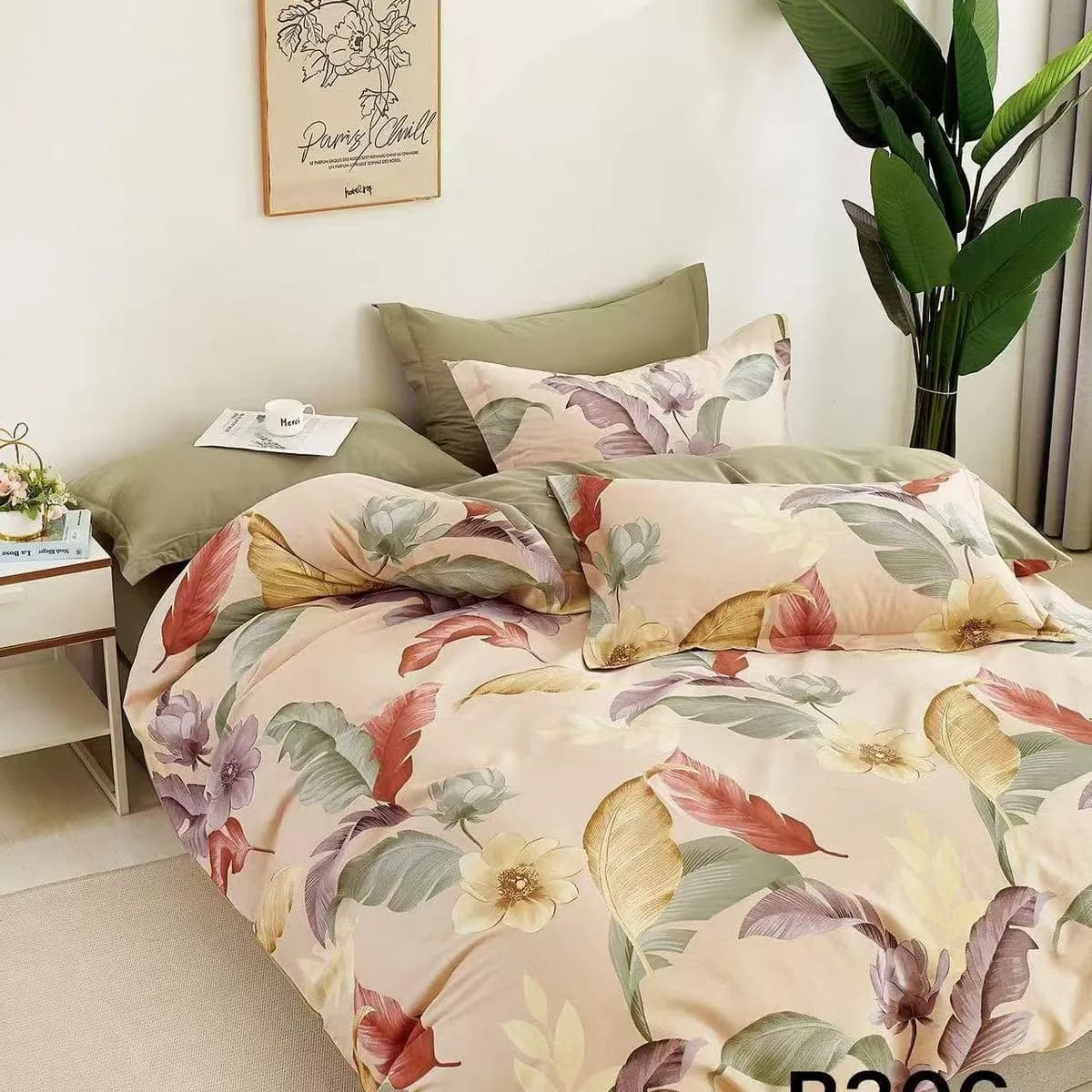 Pościel bawełniana 3cz 200x220cm wzór liście kwiaty B306