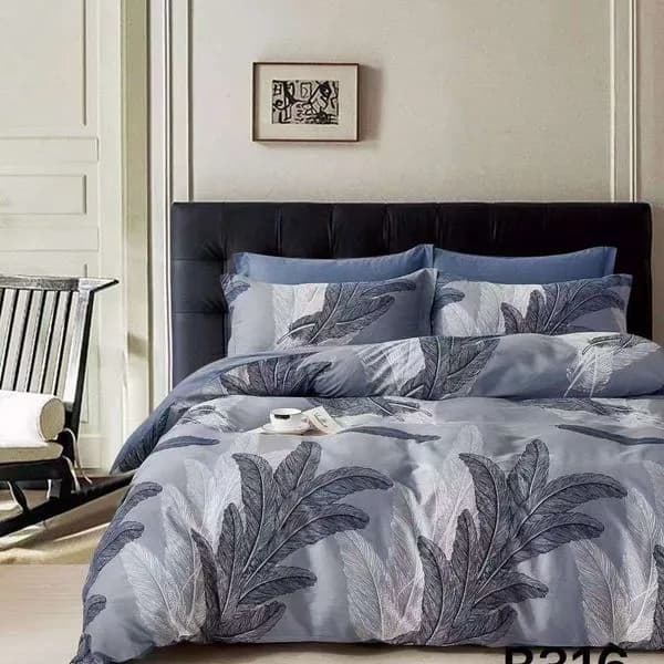 Pościel bawełniana 3cz 200x220cm szara we wzór piór B316