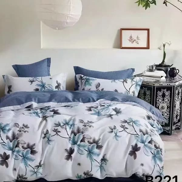 Pościel bawełniana 3cz 200x220cm wzór liście niebiesko-szare B221