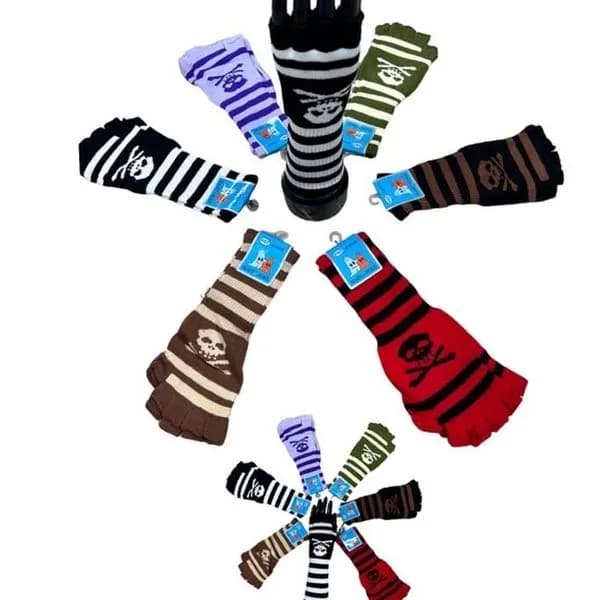 Rękawiczki dziecięce mitenki w paski z czaszką - 12 par