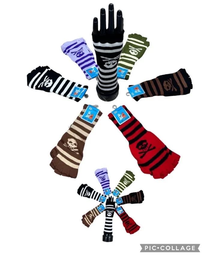 Rękawiczki dziecięce mitenki w paski z czaszką - 12 par