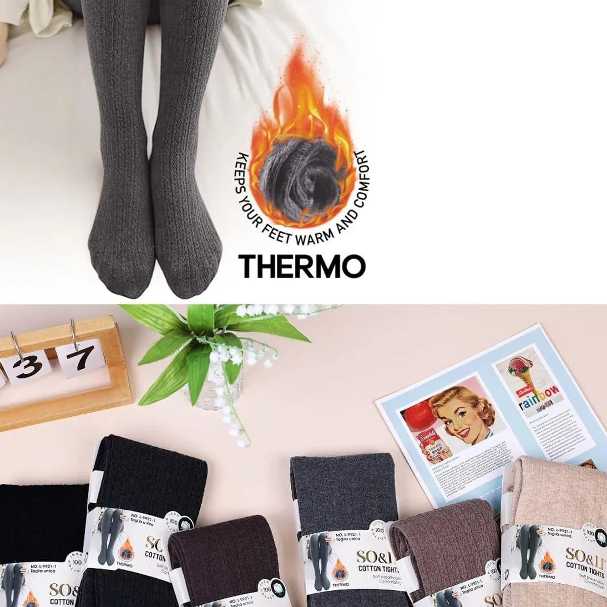 Rajstopy damskie bawełniane Thermo SO&LI prążkowane mix kolorów