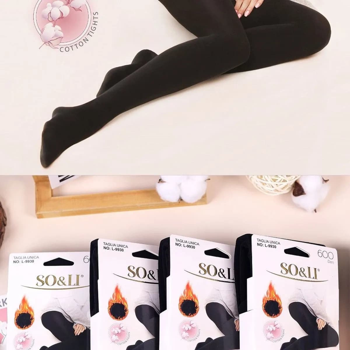 Rajstopy damskie bawełniane SO&LI 600 DEN czarne Taglia Unica