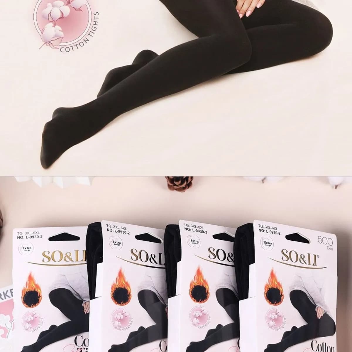 Rajstopy damskie SO&LI 600 Den bawełniane czarne 3XL-6XL 12szt