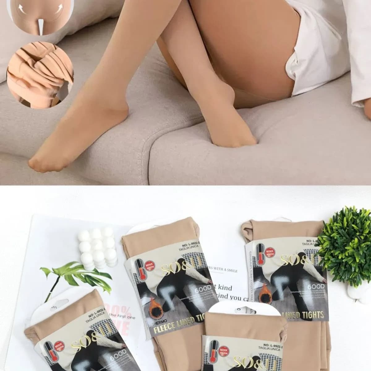 Rajstopy damskie ocieplane SO&LI 600D beżowe, 12 szt.