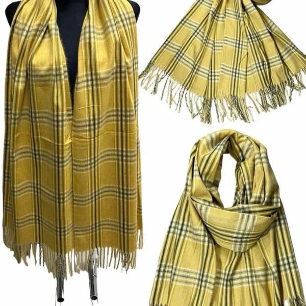 SZALIKI DAMSKIE w kratkę z frędzlami, żółty Cashmere - 12 szt.