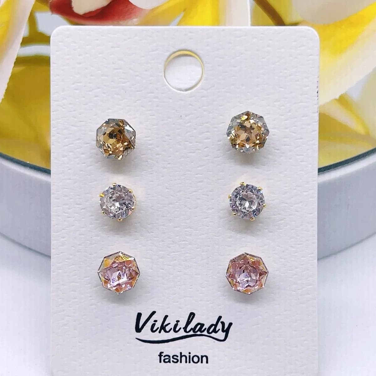 KOLCZYKI DAMSKIE wkrętki Vikilady zestaw 3 pary kryształki