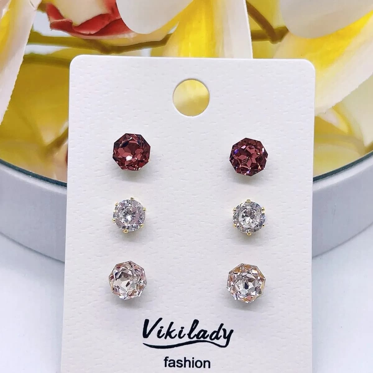 Kolczyki damskie wkrętki kryształki 3 pary Vikilady kryształ 012