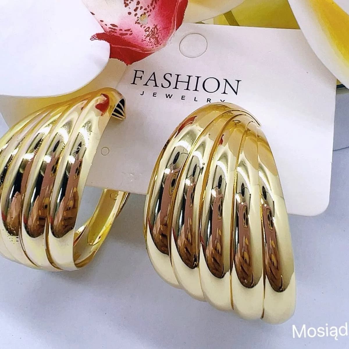 Kolczyki damskie złote mosiężne prążkowane szerokie