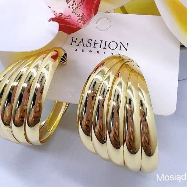 Kolczyki damskie złote mosiężne prążkowane szerokie