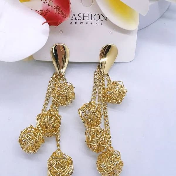 Kolczyki damskie złote wiszące ażurowe kule mosiądz 12szt