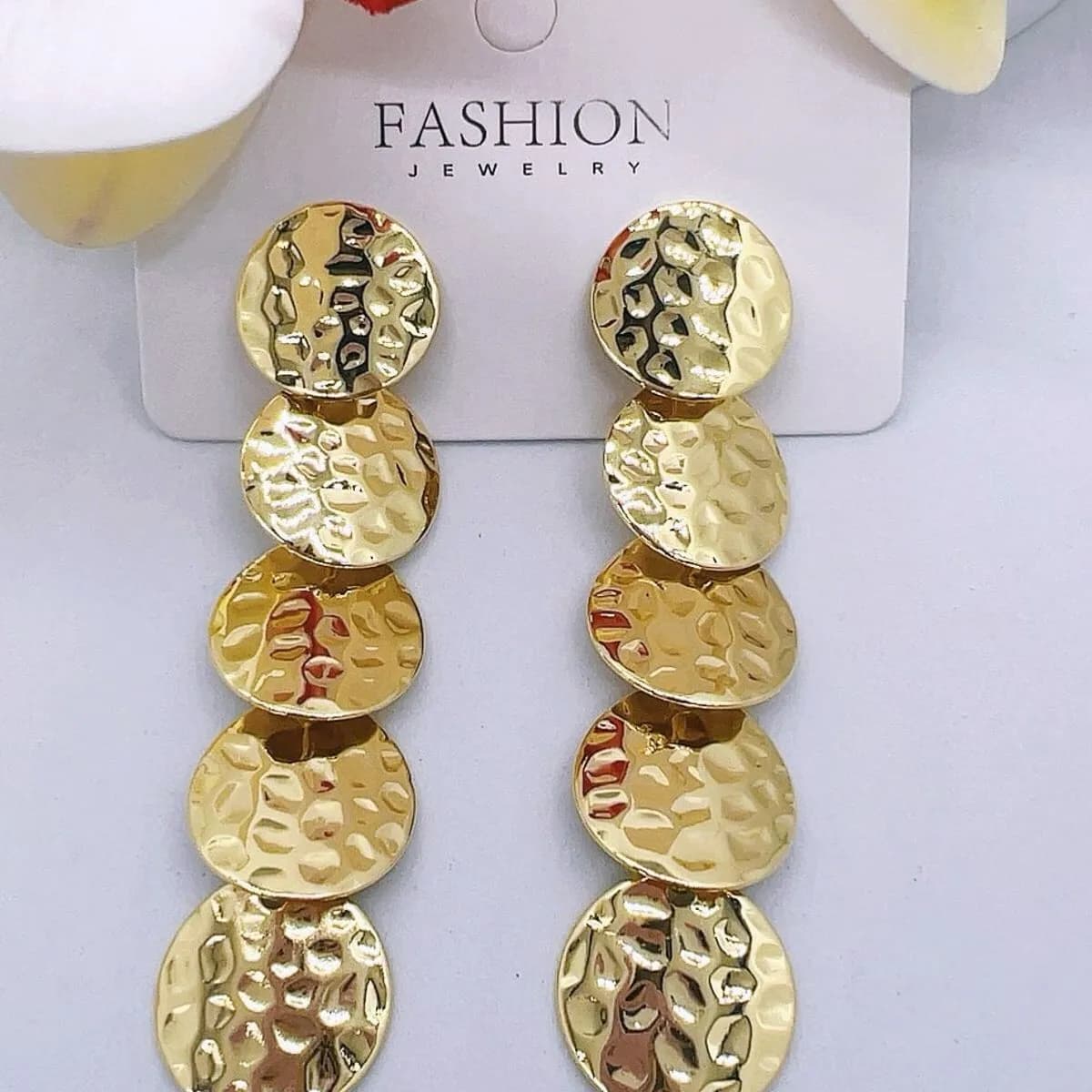 Kolczyki damskie złote mosiądz wiszące młotkowane 5 kółek