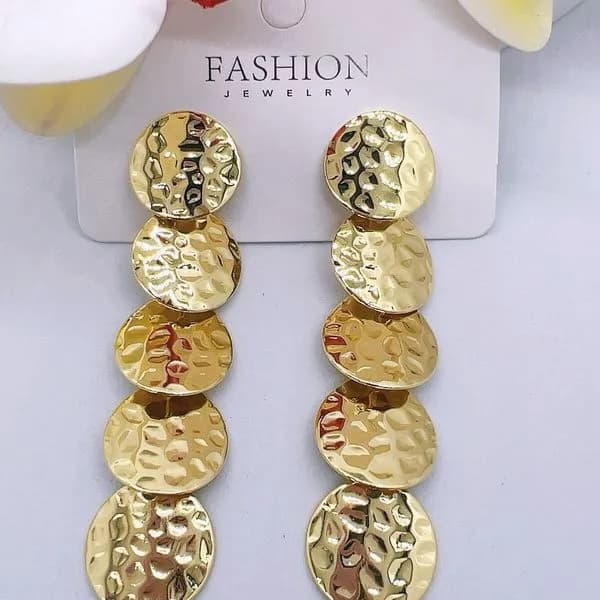 Kolczyki damskie złote mosiądz wiszące młotkowane 5 kółek