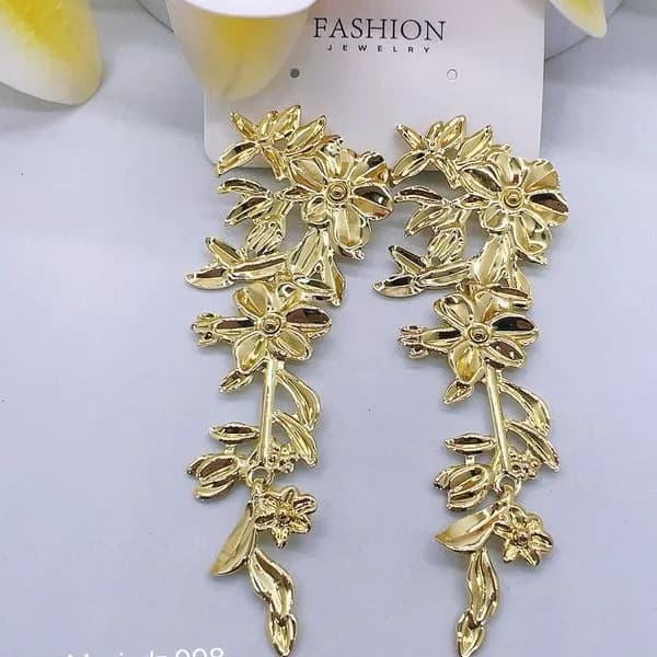 Kolczyki damskie wiszące złote kwiaty mosiądz