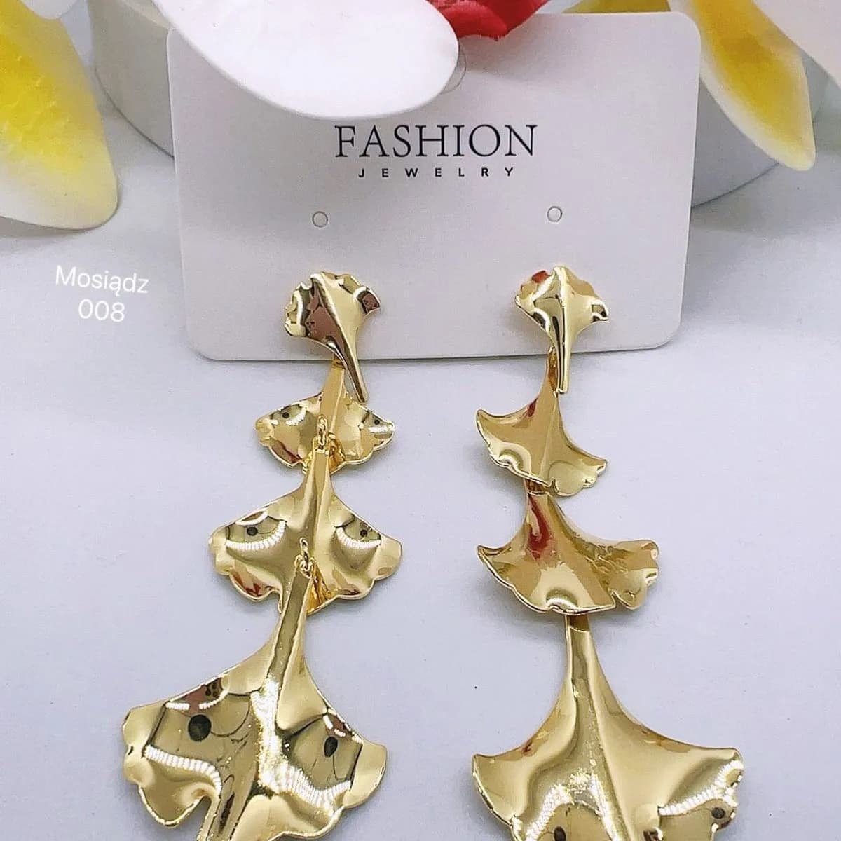 Kolczyki damskie mosiężne złote wiszące liście miłorzębu 12szt