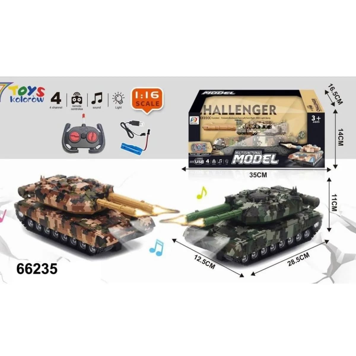 Sterowany Czołg Challenger Model 1:16 R/C Światło Dźwięk Spray