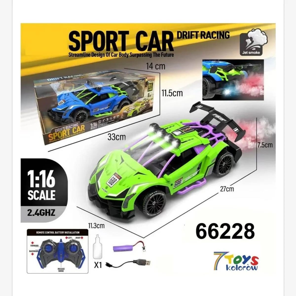 Sterowany Samochód Sport Car Drift Racing 1:16 Jet Smoke 2.4GHz