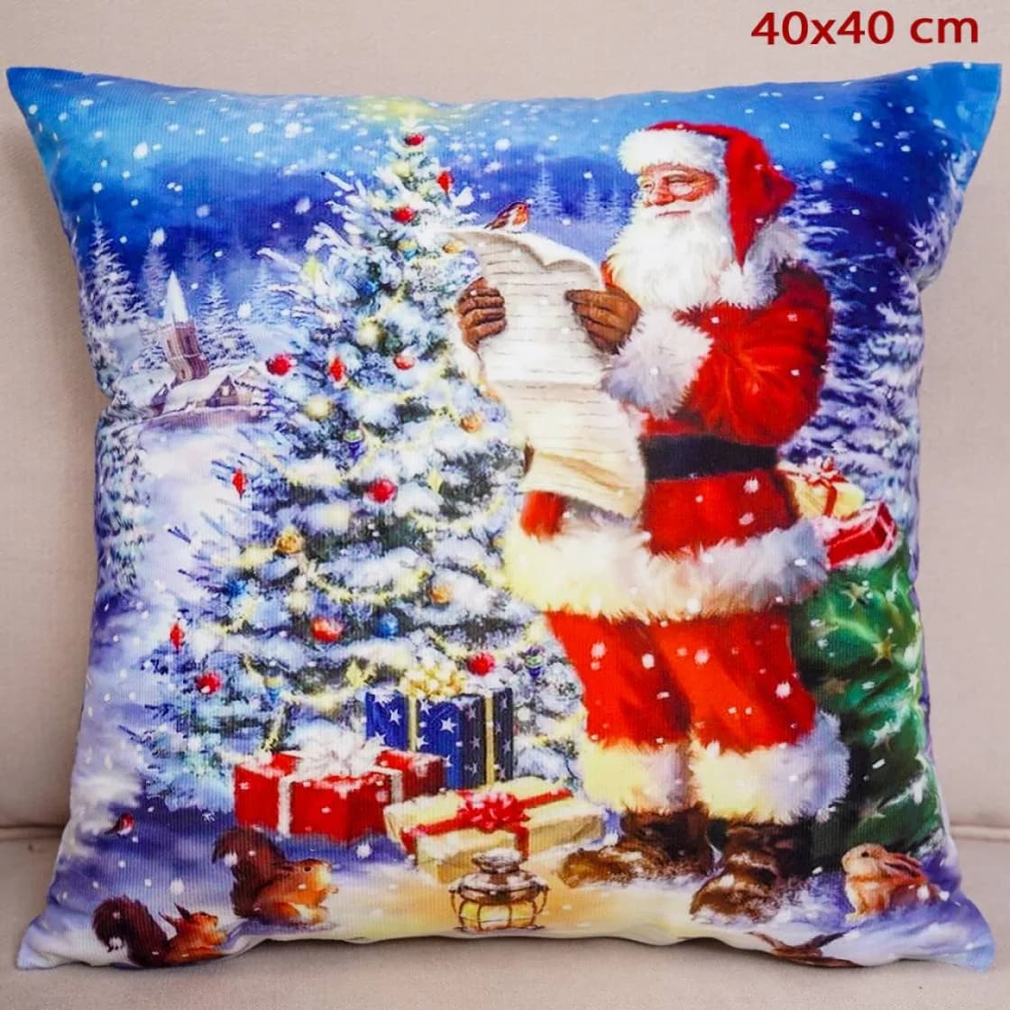 Poszewka Świąteczna 40x40cm Wzór Mikołaj i Choinka