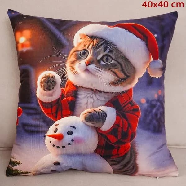 Poszewka świąteczna 40x40cm kot w czapce z bałwanem