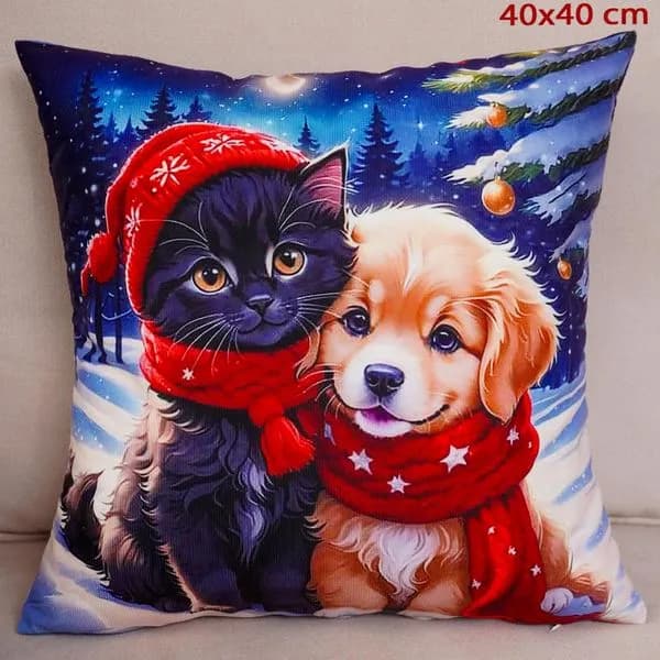 Poszewka świąteczna 40x40cm Pies i Kot w szalikach