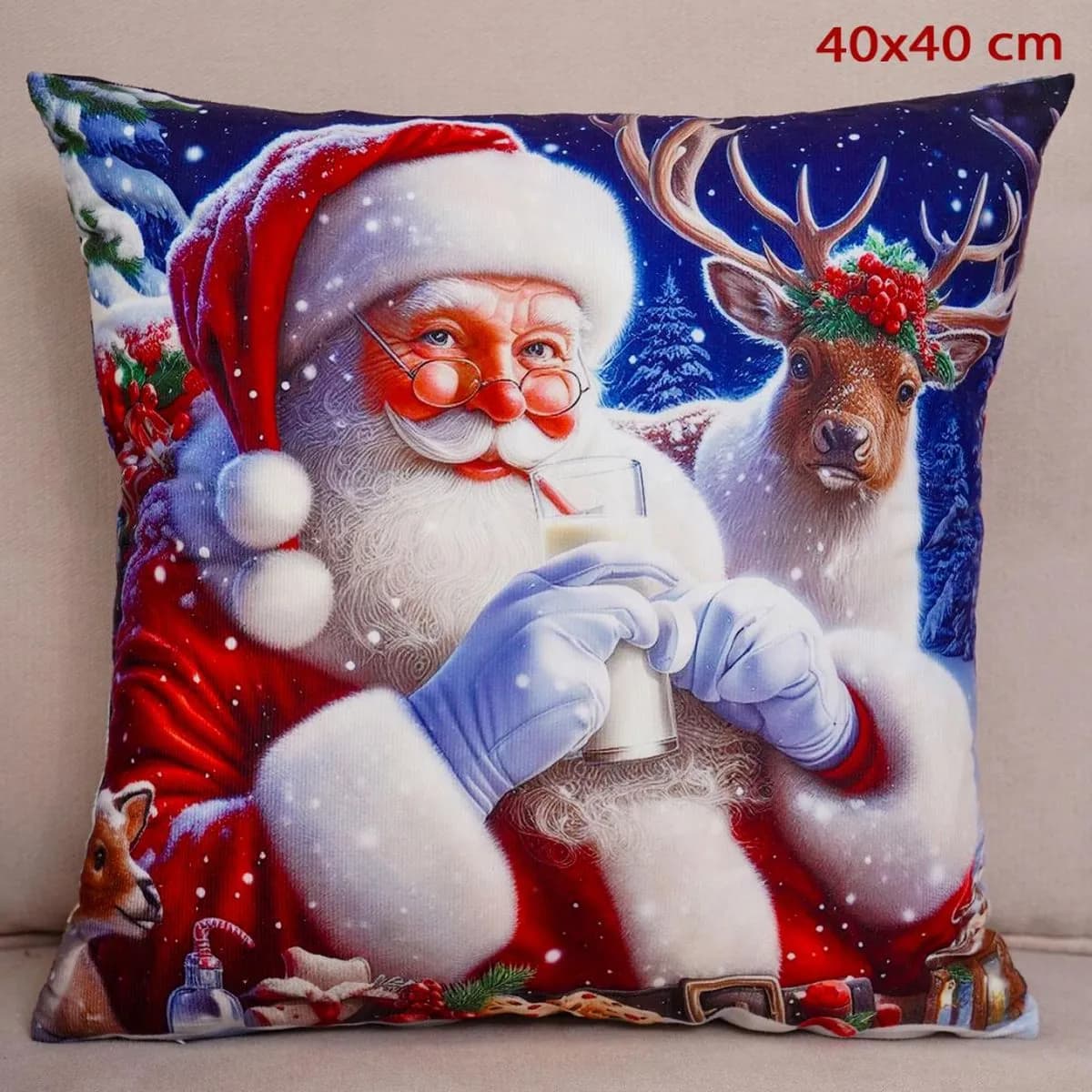 Poszewka świąteczna 40x40cm Święty Mikołaj z reniferem