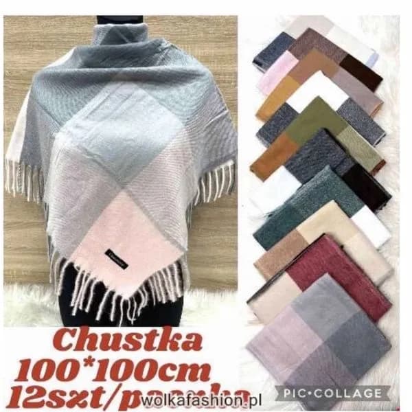 Szaliki damskie chusty w kratę z frędzlami 100x100cm - 12 szt.