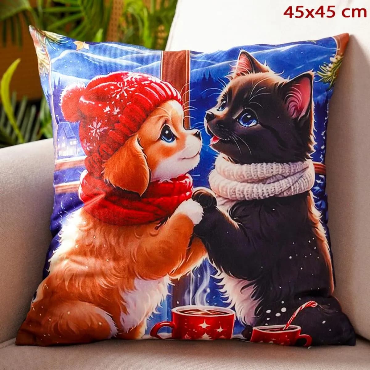 Poszewka Świąteczna 45x45cm Pies i Kot w Zimowej Scenerii