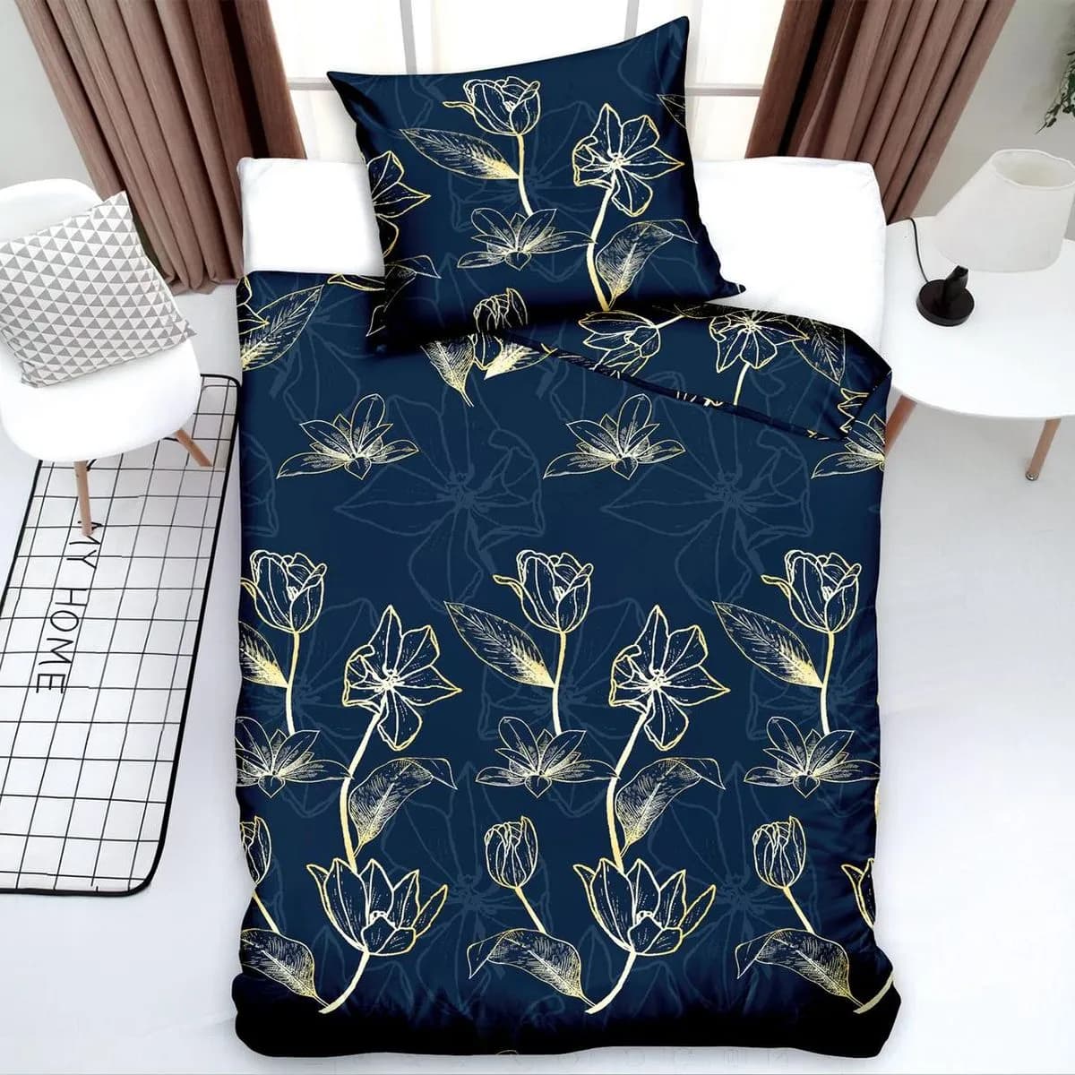 Pościel bawełniana 2cz 140x200cm granatowa w złote kwiaty