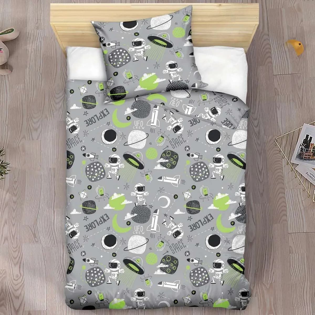 Pościel bawełniana 2-częściowa 140x200cm, wzór kosmos szary