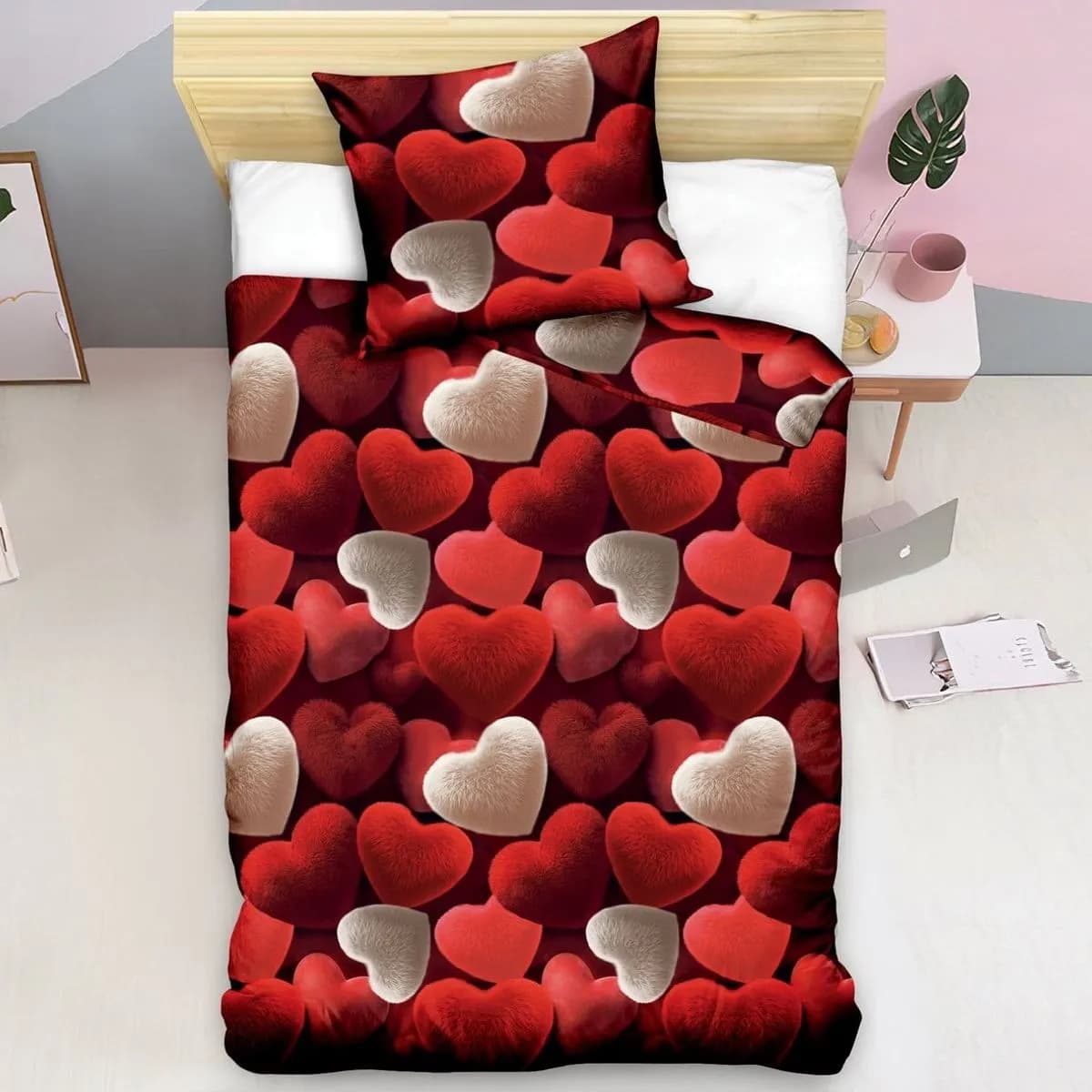 Pościel bawełniana 2-częściowa 140x200cm serca 3D czerwone