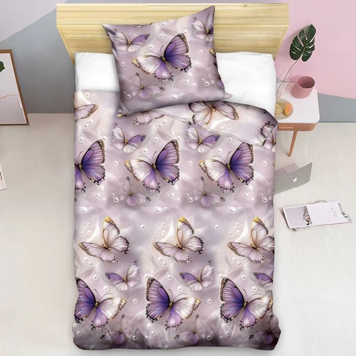 Pościel bawełniana 2CZ 140x200cm, fioletowe motyle