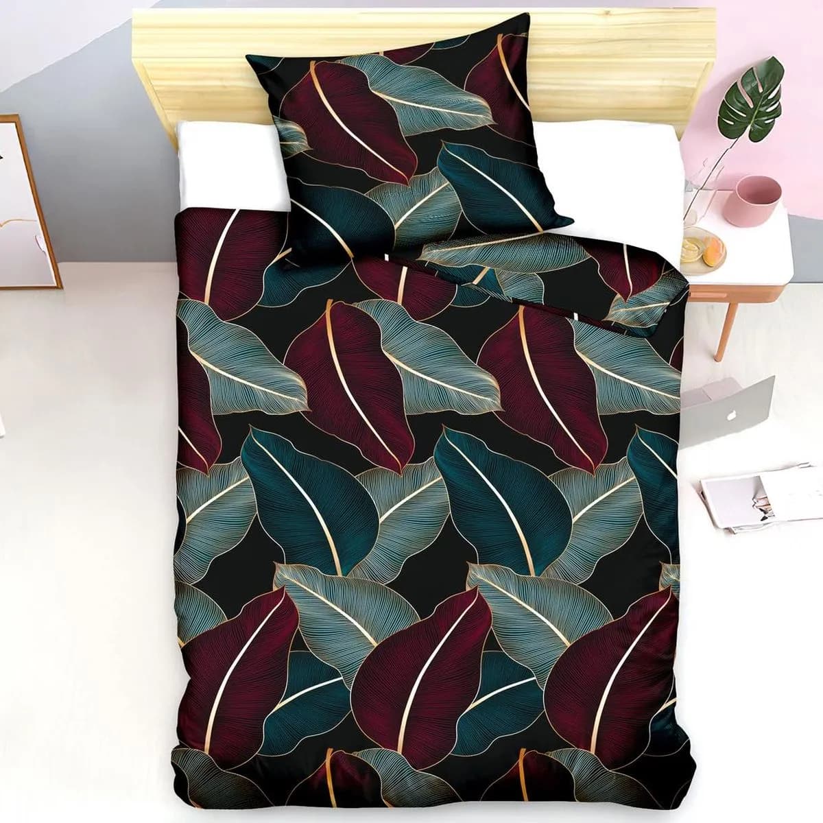 Pościel bawełniana 2-częściowa 140x200cm wzór liście bordowo-zielone