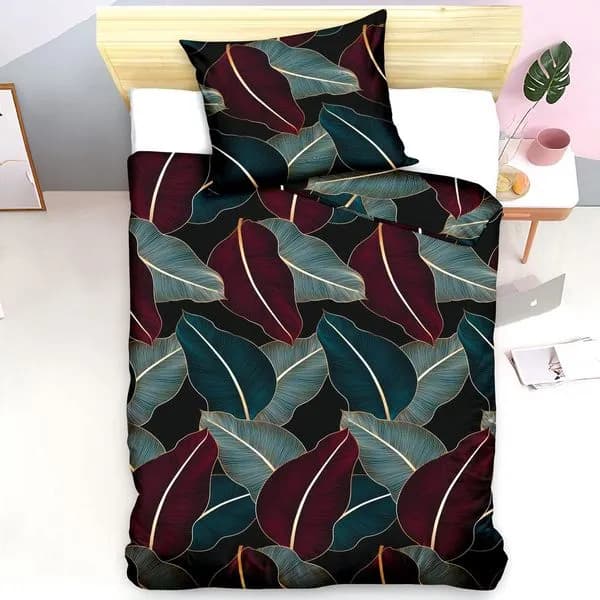 Pościel bawełniana 2-częściowa 140x200cm wzór liście bordowo-zielone