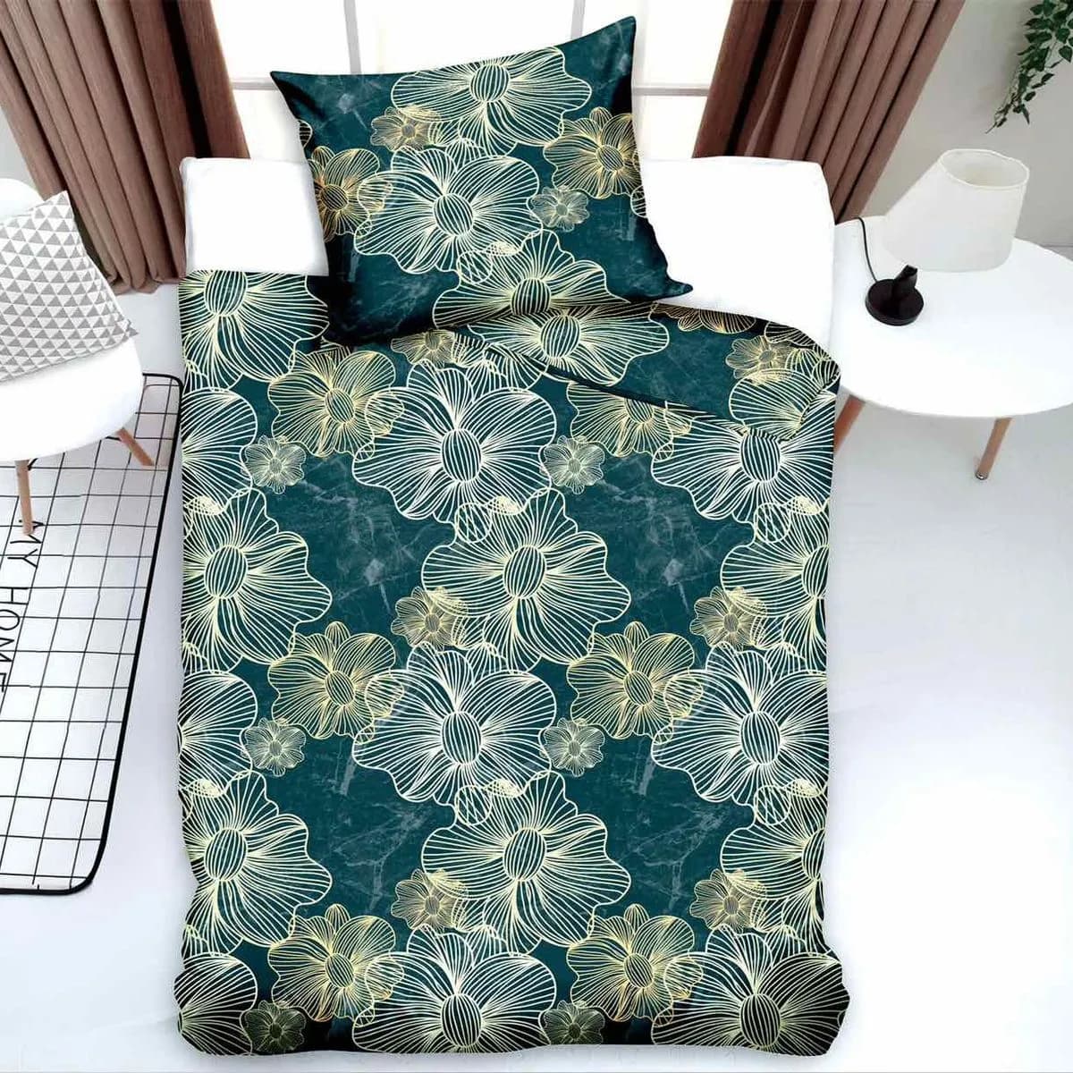 Pościel bawełniana 2cz 140x200cm, wzór kwiatowy ciemnozielony