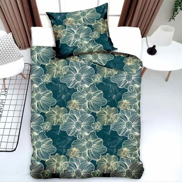 Pościel bawełniana 2cz 140x200cm, wzór kwiatowy ciemnozielony