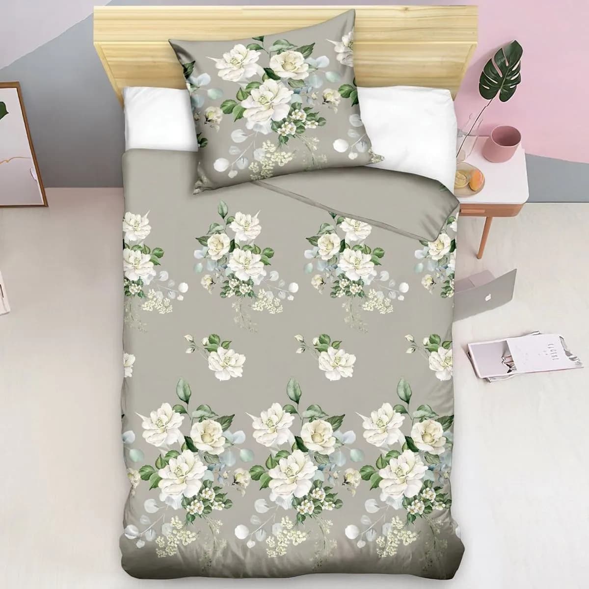 Pościel Bawełniana 2CZ 140x200cm Szara z Białymi Kwiatami A097